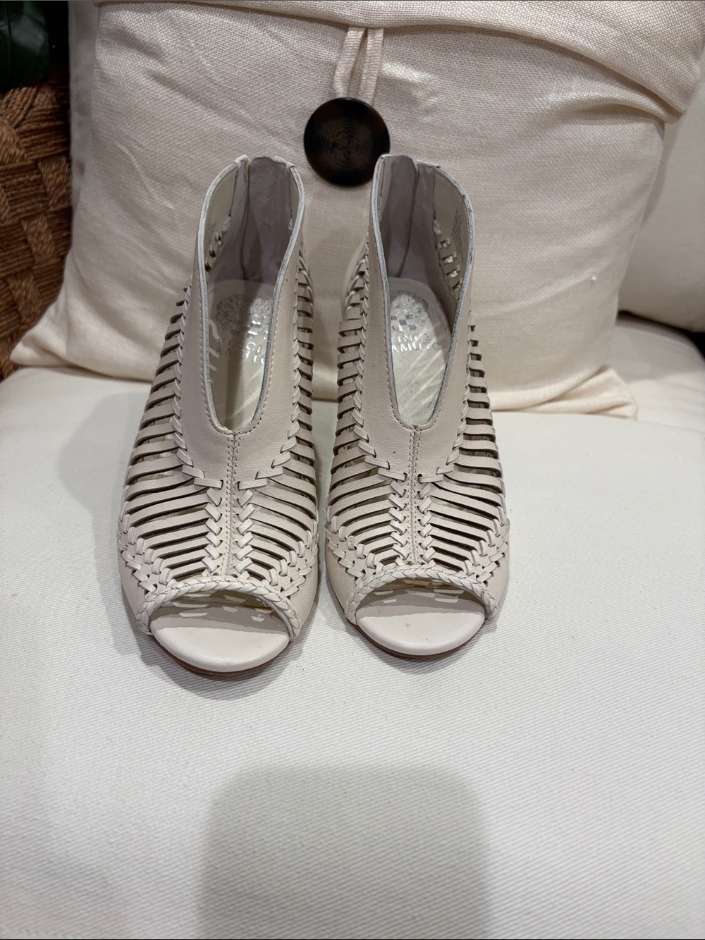 Vince Camuto Woven Peep-Toe Heeled Booties in white leather  - Women